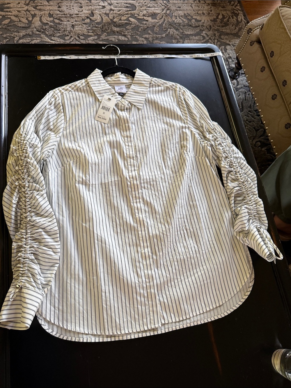 Cabi linear striped Striped Ruched Sleeve Button-Up Shirt - White/black Stripes